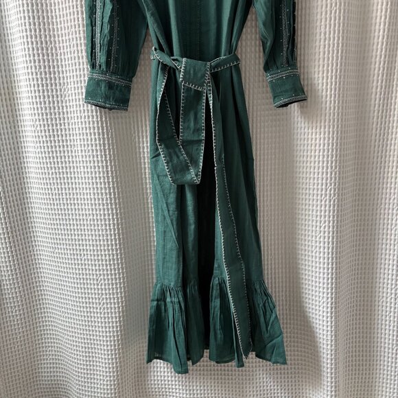Ex Voto Sutton emerald green embroidered belted cotton maxidress women's small - Picture 10 of 11